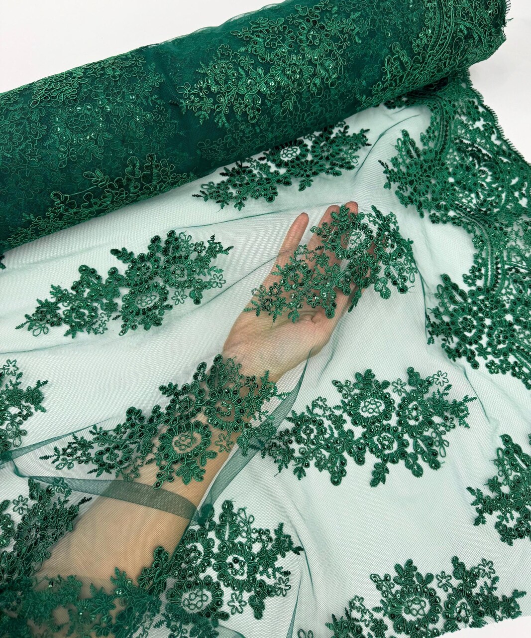 Hunter Green Sequin Embroidered Lace Fabric by the Yard, 54" Wide Floral Mesh Lace with Double Scalloped Edges